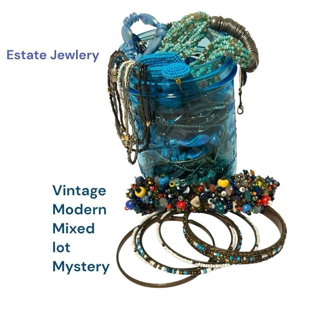 Estate Jewlery in Blue Mason jar  Blue and Silver Beaded mixed lot  wearable